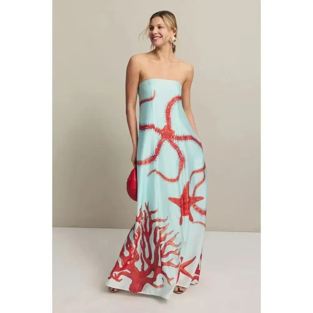 MUMA WORLD Blue Red Starfish Print Sleeveless Ursa Maxi Dress Size M